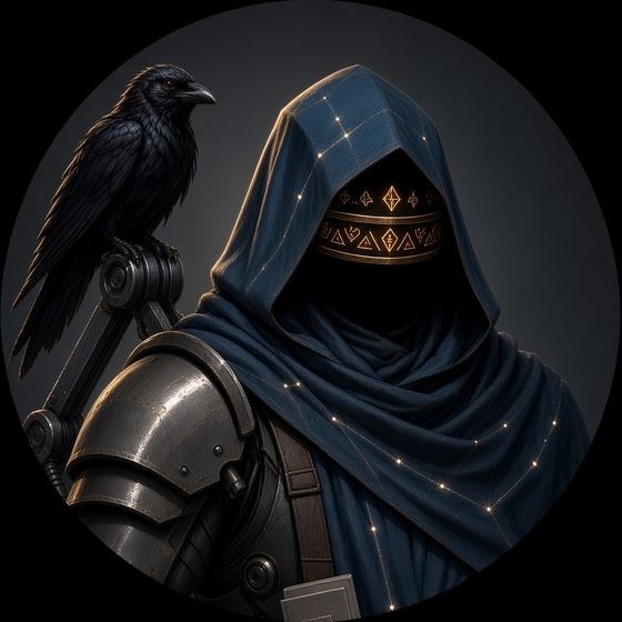 Mythonryn: a hooded, armored figure with a void for a face and a raven on the shoulder